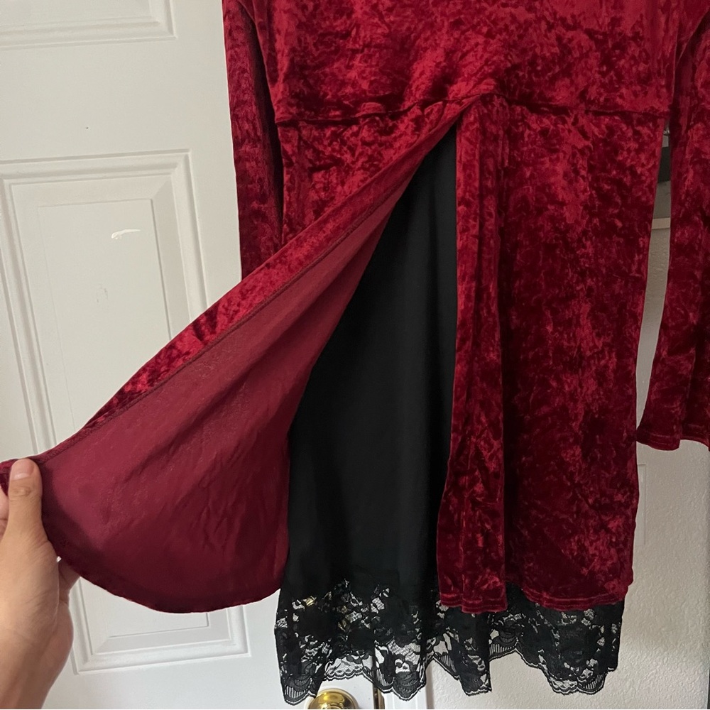 TRIPP NYC‎ vintage velvet magenta burgundy black lace trim layered mini dress - Picture 3 of 10